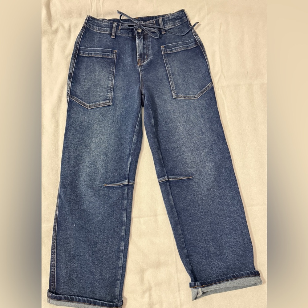 High-Rise Straight Leg Jeans with Front Patch Pockets - Dark Blue